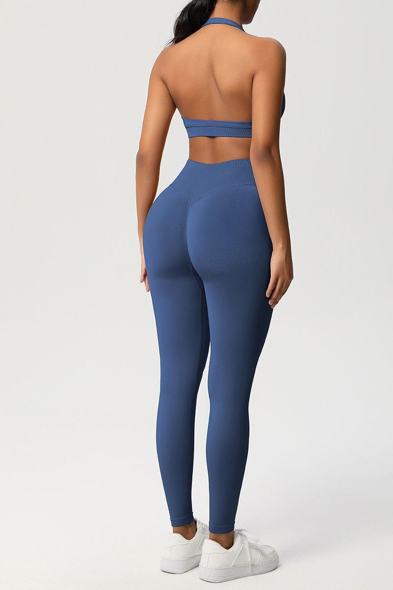 Women Seamless Knit Yoga Set: Halter Back Sports Bra + Sculpting Leggings