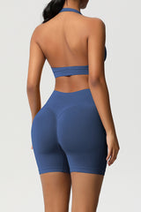 Women Halter Neck Yoga Set: High-Waisted Sculpting Shorts + Backless Sports Bra
