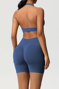 Women Halter Neck Yoga Set: High-Waisted Sculpting Shorts + Backless Sports Bra