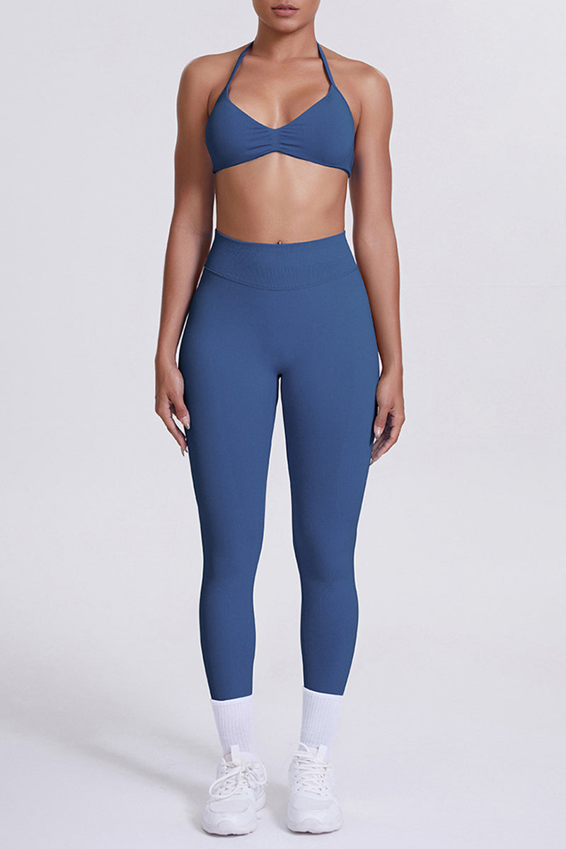 Women Seamless Yoga Set: High-Waisted Sculpting Leggings + Halter Neck Sports Bra