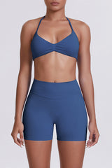 Women Halter Neck Yoga Set: High-Waisted Sculpting Shorts + Backless Sports Bra