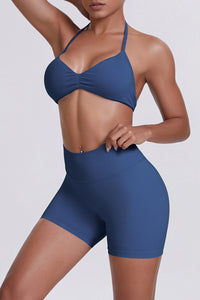 Women Halter Neck Yoga Set: High-Waisted Sculpting Shorts + Backless Sports Bra