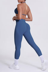 Women Seamless Yoga Set: High-Waisted Sculpting Leggings + Halter Neck Sports Bra