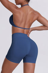 Women Halter Neck Yoga Set: High-Waisted Sculpting Shorts + Backless Sports Bra