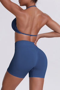 Women Halter Neck Yoga Set: High-Waisted Sculpting Shorts + Backless Sports Bra