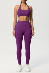 Women Seamless Knit Yoga Set: Halter Back Sports Bra + Sculpting Leggings