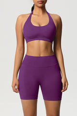 Women Halter Neck Yoga Set: High-Waisted Sculpting Shorts + Backless Sports Bra