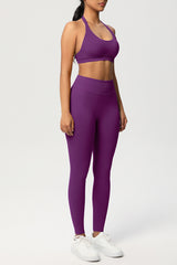 Women Seamless Knit Yoga Set: Halter Back Sports Bra + Sculpting Leggings