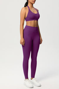 Women Seamless Knit Yoga Set: Halter Back Sports Bra + Sculpting Leggings