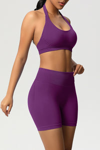 Women Halter Neck Yoga Set: High-Waisted Sculpting Shorts + Backless Sports Bra