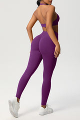 Women Seamless Knit Yoga Set: Halter Back Sports Bra + Sculpting Leggings