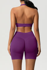 Women Halter Neck Yoga Set: High-Waisted Sculpting Shorts + Backless Sports Bra