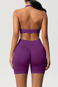 Women Halter Neck Yoga Set: High-Waisted Sculpting Shorts + Backless Sports Bra