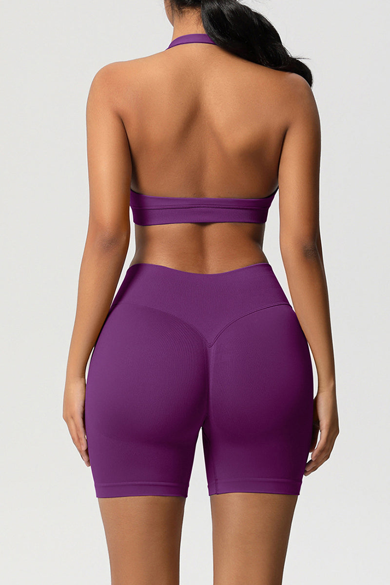 Women Halter Neck Yoga Set: High-Waisted Sculpting Shorts + Backless Sports Bra