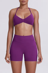 Women Halter Neck Yoga Set: High-Waisted Sculpting Shorts + Backless Sports Bra