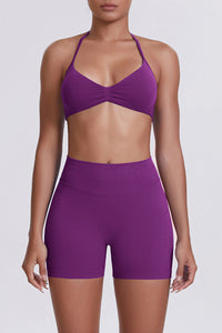 Women Halter Neck Yoga Set: High-Waisted Sculpting Shorts + Backless Sports Bra