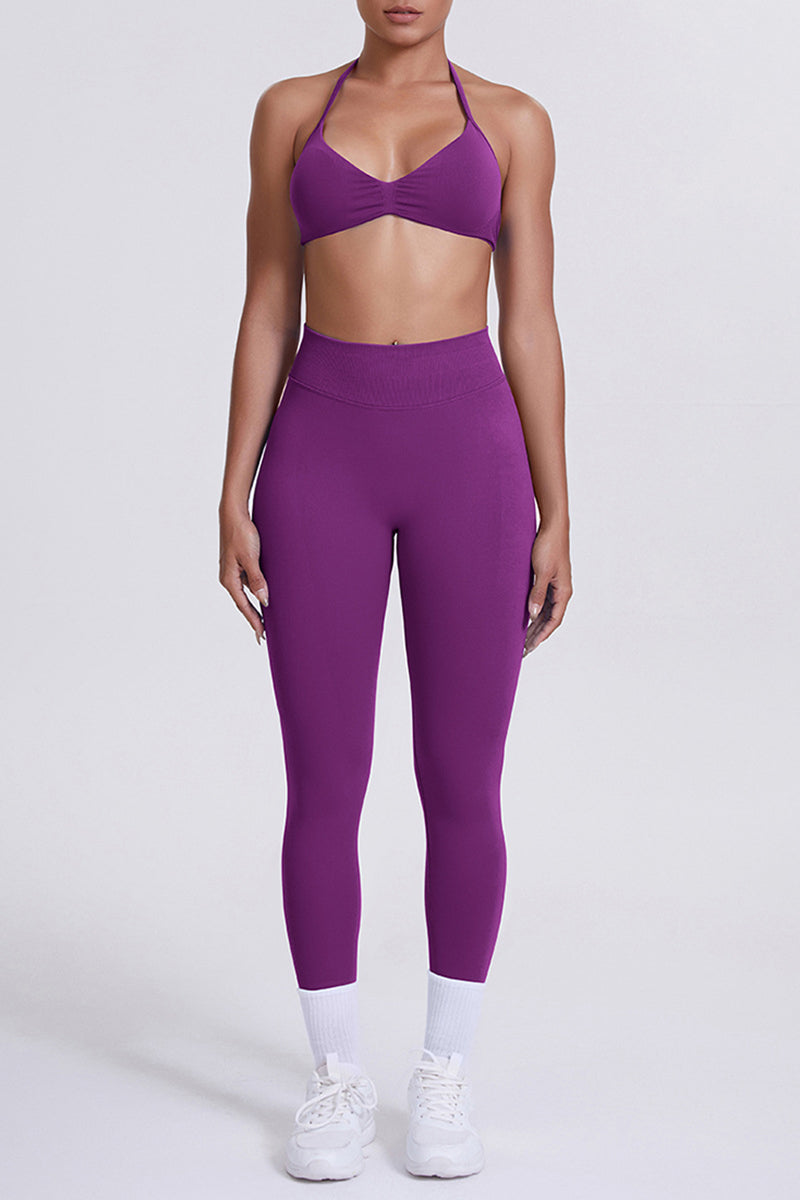 Women Seamless Yoga Set: High-Waisted Sculpting Leggings + Halter Neck Sports Bra