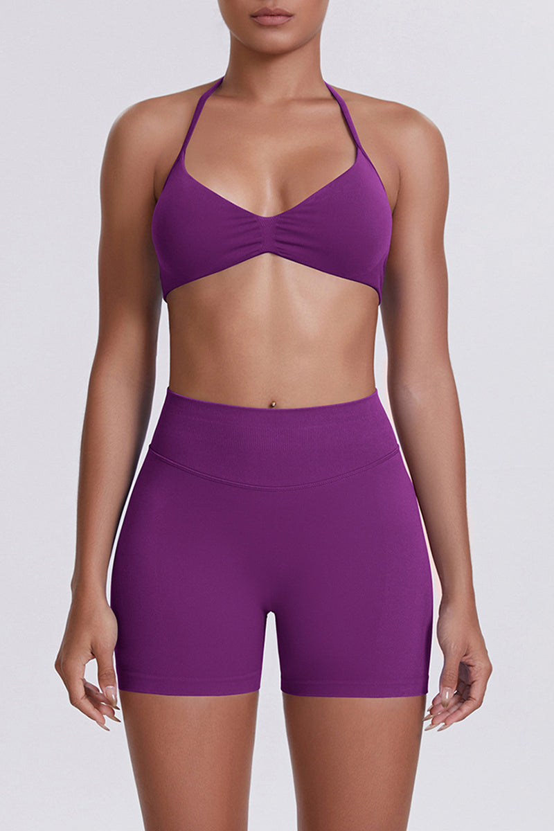 Women Halter Neck Yoga Set: High-Waisted Sculpting Shorts + Backless Sports Bra