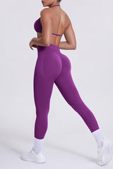 Women Seamless Yoga Set: High-Waisted Sculpting Leggings + Halter Neck Sports Bra