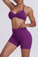 Women Halter Neck Yoga Set: High-Waisted Sculpting Shorts + Backless Sports Bra