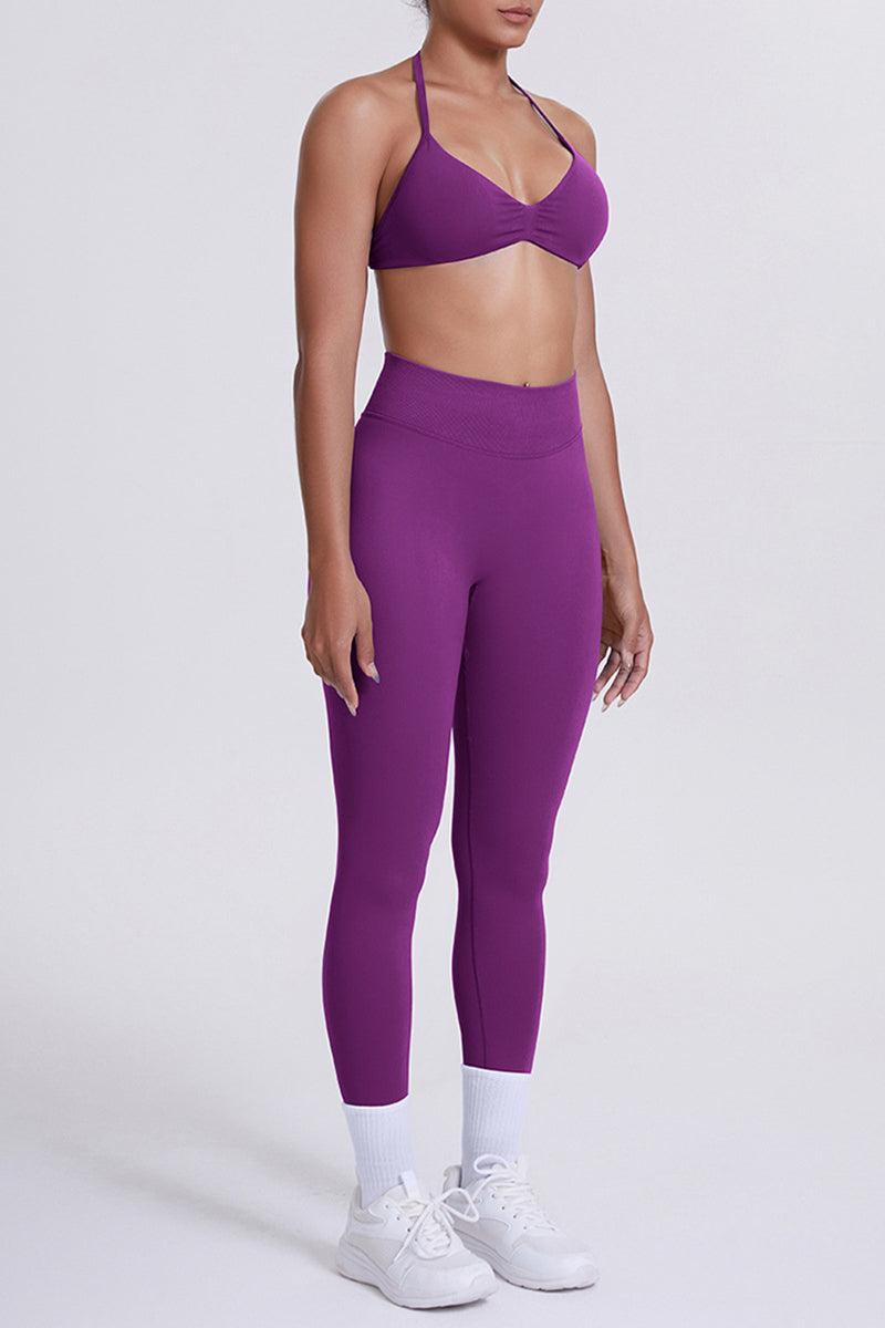 Women Seamless Yoga Set: High-Waisted Sculpting Leggings + Halter Neck Sports Bra