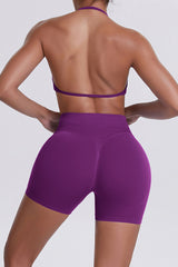 Women Halter Neck Yoga Set: High-Waisted Sculpting Shorts + Backless Sports Bra