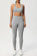 Women Seamless Knit Yoga Set: Halter Back Sports Bra + Sculpting Leggings