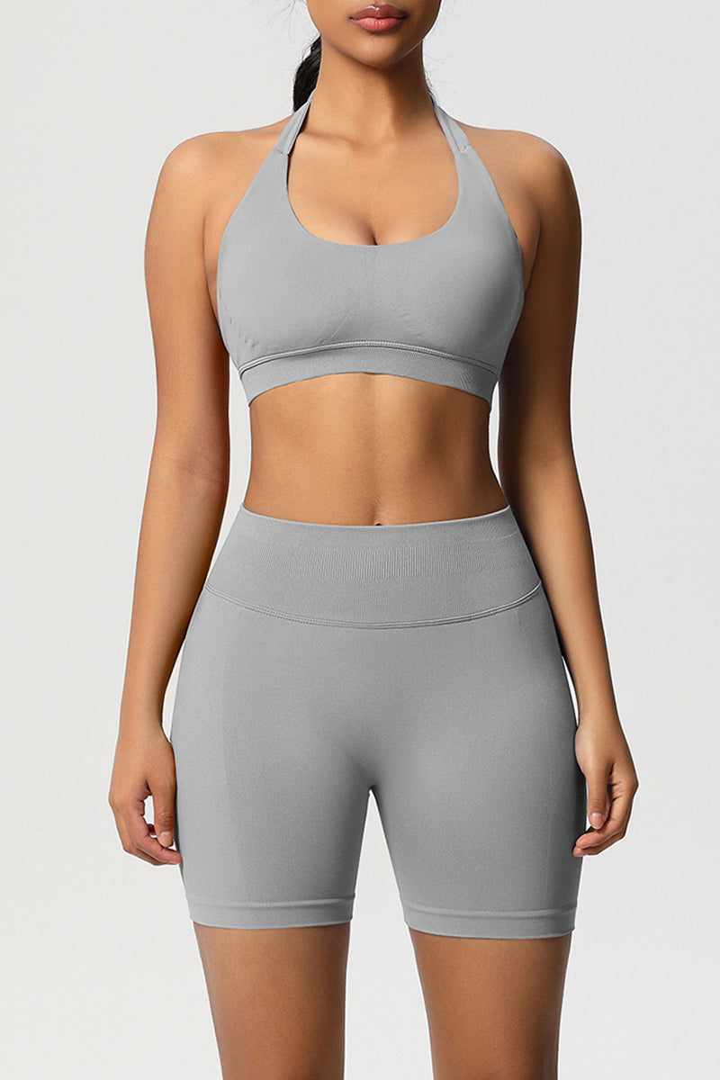 Women Halter Neck Yoga Set: High-Waisted Sculpting Shorts + Backless Sports Bra