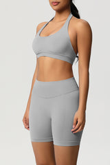 Women Halter Neck Yoga Set: High-Waisted Sculpting Shorts + Backless Sports Bra
