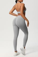 Women Seamless Knit Yoga Set: Halter Back Sports Bra + Sculpting Leggings