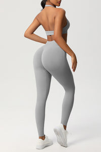 Women Seamless Knit Yoga Set: Halter Back Sports Bra + Sculpting Leggings