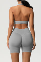 Women Halter Neck Yoga Set: High-Waisted Sculpting Shorts + Backless Sports Bra