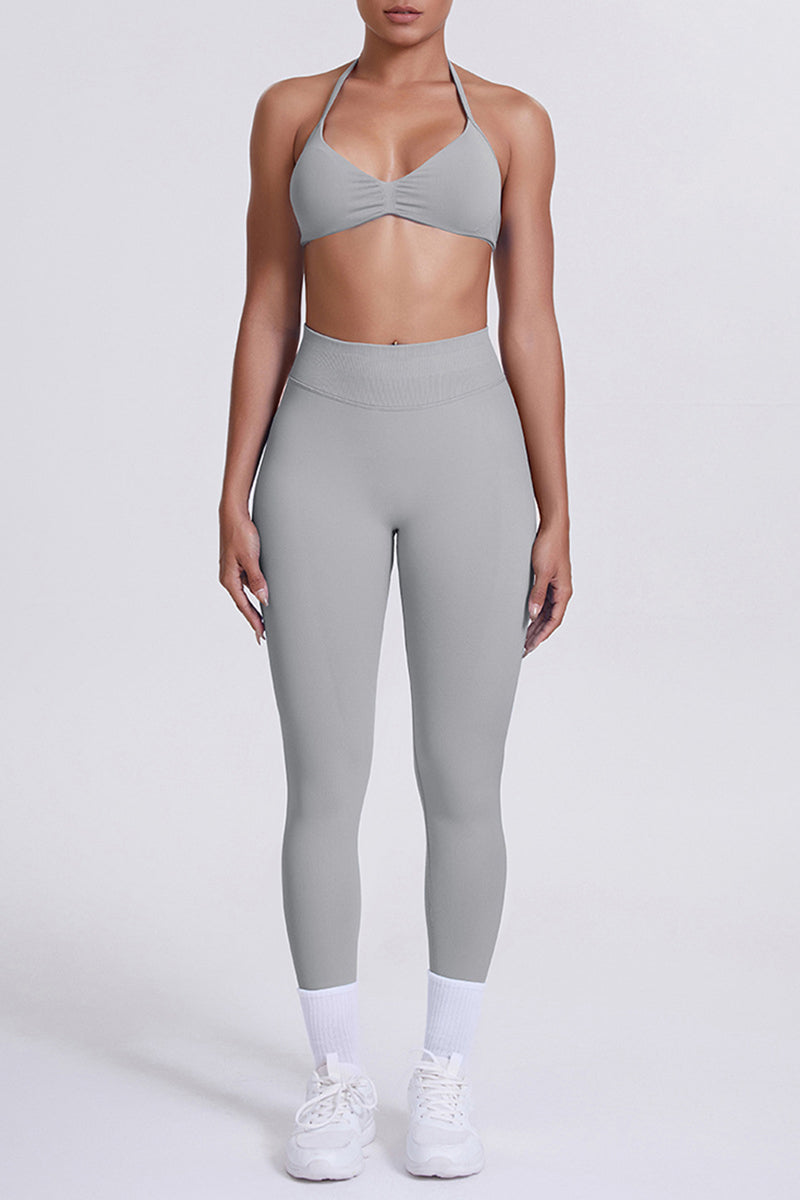 Women Seamless Yoga Set: High-Waisted Sculpting Leggings + Halter Neck Sports Bra