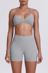 Women Halter Neck Yoga Set: High-Waisted Sculpting Shorts + Backless Sports Bra