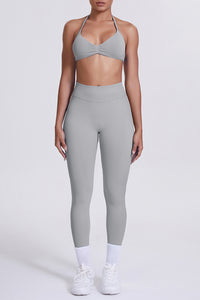 Women Seamless Yoga Set: High-Waisted Sculpting Leggings + Halter Neck Sports Bra