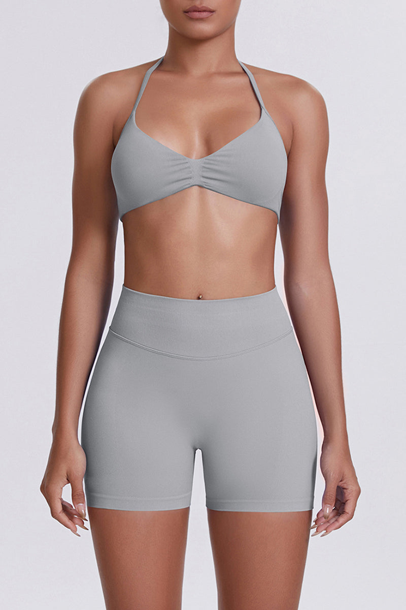 Women Halter Neck Yoga Set: High-Waisted Sculpting Shorts + Backless Sports Bra