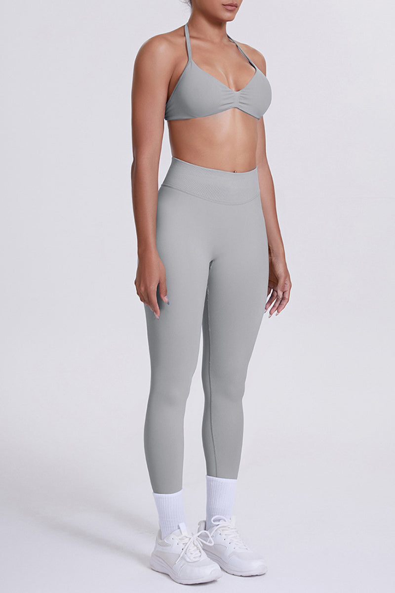 Women Seamless Yoga Set: High-Waisted Sculpting Leggings + Halter Neck Sports Bra