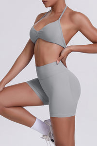 Women Halter Neck Yoga Set: High-Waisted Sculpting Shorts + Backless Sports Bra