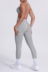 Women Seamless Yoga Set: High-Waisted Sculpting Leggings + Halter Neck Sports Bra