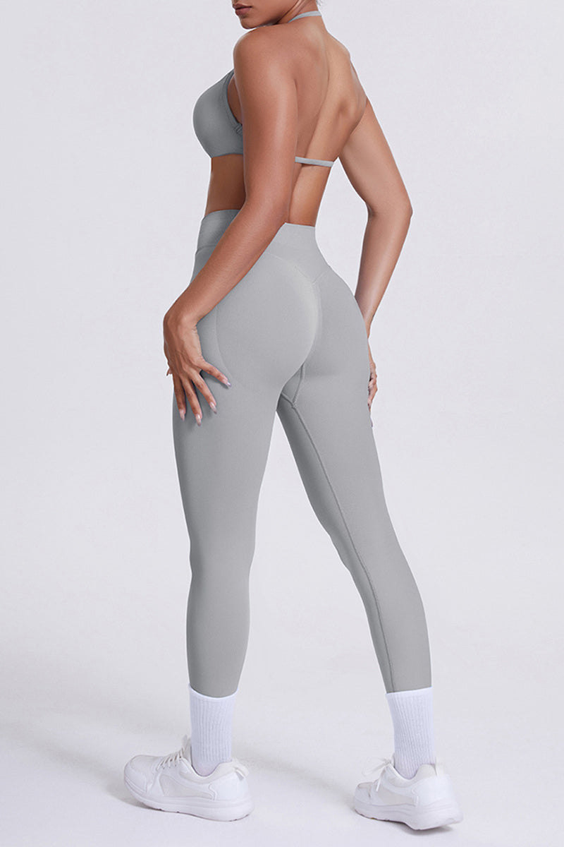 Women Seamless Yoga Set: High-Waisted Sculpting Leggings + Halter Neck Sports Bra
