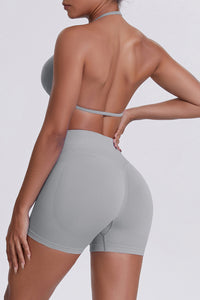 Women Halter Neck Yoga Set: High-Waisted Sculpting Shorts + Backless Sports Bra