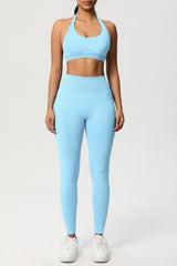 Women Seamless Knit Yoga Set: Halter Back Sports Bra + Sculpting Leggings