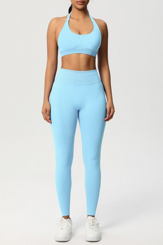 Women Seamless Knit Yoga Set: Halter Back Sports Bra + Sculpting Leggings