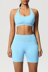 Women Halter Neck Yoga Set: High-Waisted Sculpting Shorts + Backless Sports Bra