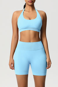 Women Halter Neck Yoga Set: High-Waisted Sculpting Shorts + Backless Sports Bra