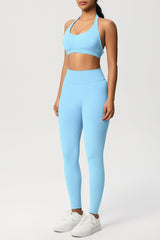 Women Seamless Knit Yoga Set: Halter Back Sports Bra + Sculpting Leggings