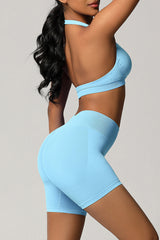 Women Halter Neck Yoga Set: High-Waisted Sculpting Shorts + Backless Sports Bra