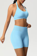 Women Halter Neck Yoga Set: High-Waisted Sculpting Shorts + Backless Sports Bra
