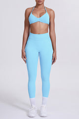 Women Seamless Yoga Set: High-Waisted Sculpting Leggings + Halter Neck Sports Bra
