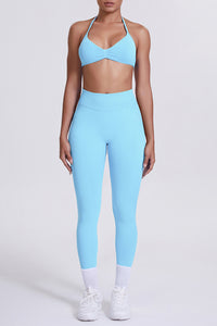 Women Seamless Yoga Set: High-Waisted Sculpting Leggings + Halter Neck Sports Bra